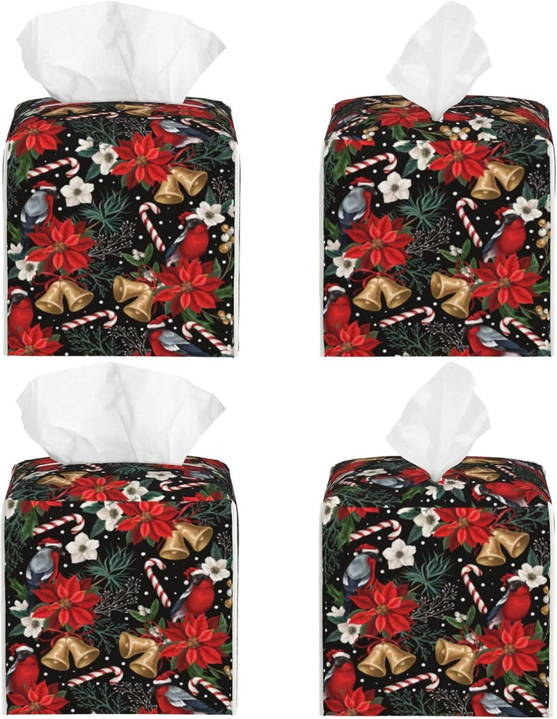 sndheke Christmas Poinsettia Flowers Tissue Box Cover Square,Xmas Bells Candy Cane Tissue Box Holder Waterproof Leather Facial Paper Organizer Dispenser for Bathroom Home Car Nightstand Vanity Desk - Image 2